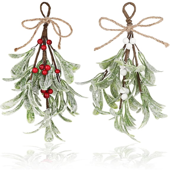 2 Pack Christmas Mistletoe Decor, 9in Artificial Mistletoe Decoration with Red Berries, Artificial Mistletoe Floral Stems,Mistletoe Hanging Ornament for Christmas Tree Fireplace Door Home Decor(Mix)