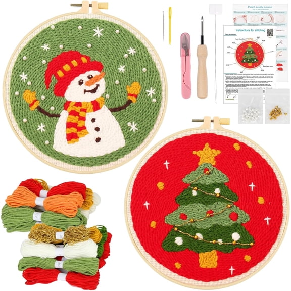 2 Pack Christmas Punch Needle Kit for Beginners, Rug Hooking Starter Kit with Snowman and Xmas Tree Pattern Cloth Hoops Woolen and Punch Needle, DIY Handicraft Crafts Kit