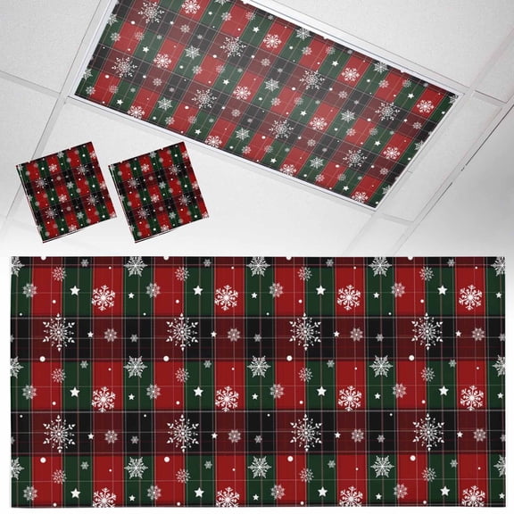 2 Pack Christmas Red Green Classic Buffalo Plaid Snowflake Pattern Fluorescent Light Covers for Ceiling Lights Magnetic Ceiling Light Covers Overhead Light Filters for Office Classroom Home