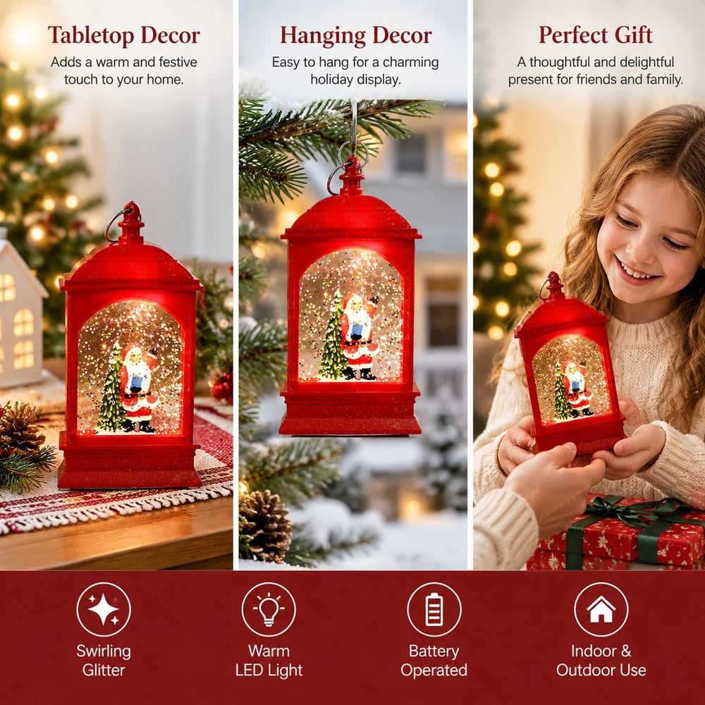 2 Pack Christmas Snow Globe Lantern, Lighted Swirling Glitter Water ...