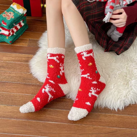 2 Pack Christmas Socks for Women, Soft Fleece Thermal Non-Slip Grip Winter Warm Crew Socks for Holiday Gifts(Red-A)
