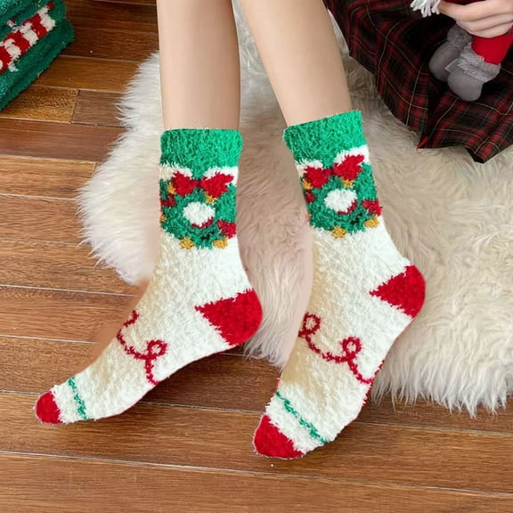 2 Pack Christmas Socks for Women, Soft Fleece Thermal Non-Slip Grip Winter Warm Crew Socks for Holiday Gifts(White-B)