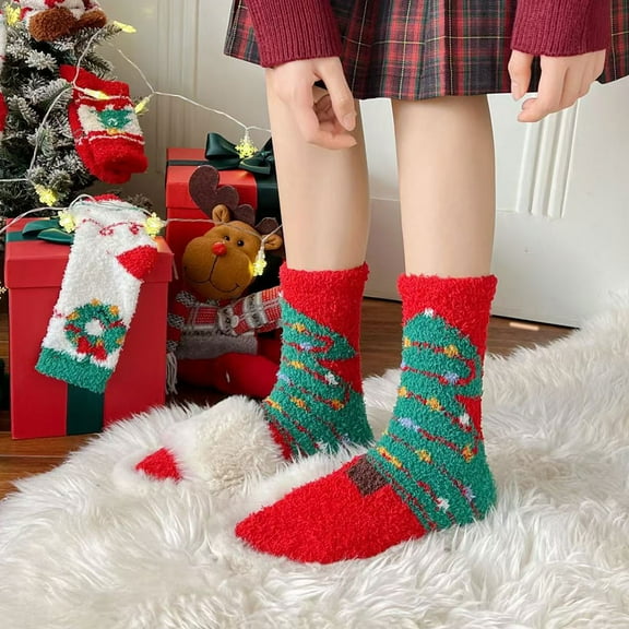 2 Pack Christmas Socks for Women, Soft Fleece Thermal Non-Slip Grip Winter Warm Crew Socks for Holiday Gifts(Red-C)