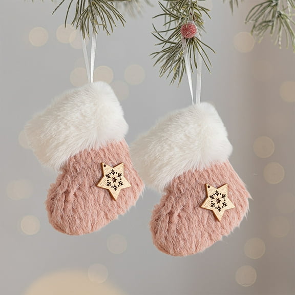 2 Pack Christmas Stocking Ornaments - 4 Inch Polyester Hanging Tree Decor w/ Winter Patterns & Ropes Pink