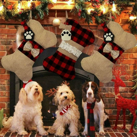 2-Pack Christmas Stockings for Pets - 16.5x10 Inch Dog Paw Plaid Flannel Gift Bag for Fireplace Mantel, Holiday Decorations for Candy, Toys & Treats (Snowflake Design) AS