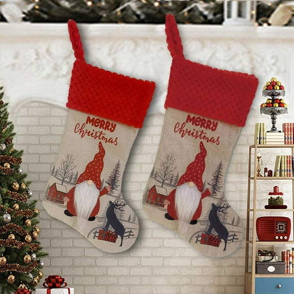 2-Pack Christmas Stockings Set 18 Inch - Red Personalized Gnome Santa Design for Fireplace Mantel Hanging white