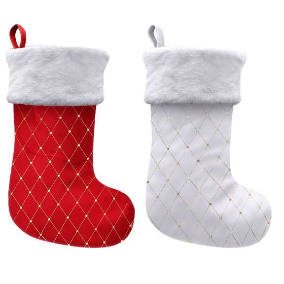2-Pack Christmas Stockings with Faux Fur Cuff – Red & White with Quilted Gold Diamond Pattern for Fireplace, Mantel & Holiday Decor