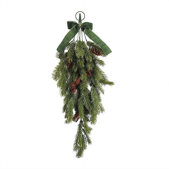 2 Pack Christmas Teardrop Ornaments with Bow, 27 Inch Rustic Pine Greenery with Pine Cones Hanging Teardrop Ornament for Front Door Mantle Wall Indoor Outdoor Home Decor