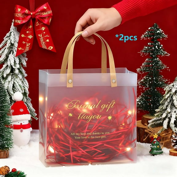 2-Pack Christmas Transparent Gift Bags – Clear Handheld Candy & Apple Packaging with Gold Handle and Bow – Plastic Reusable Gift Box for Christmas Eve, Party, Office Gifts