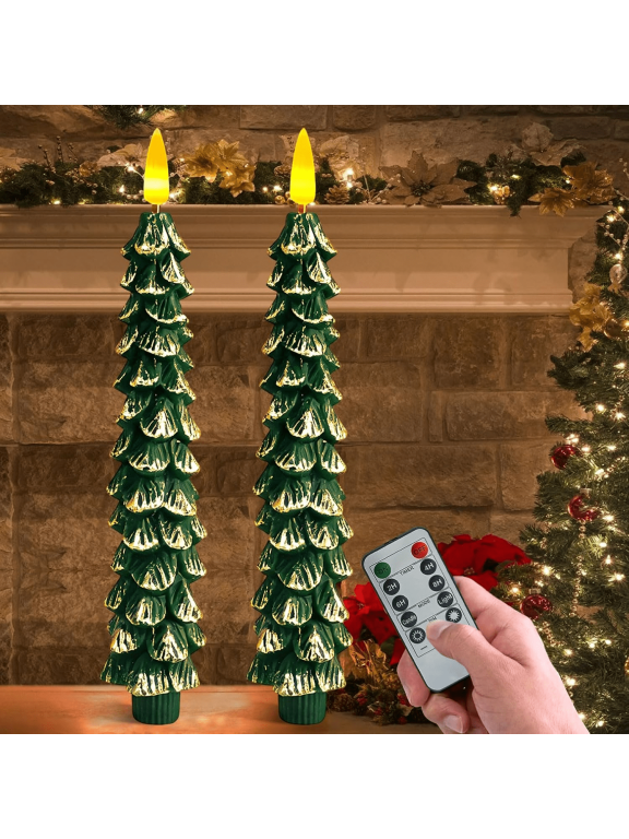 2 Pack Christmas Tree Candles, 10 Inch Unscented Tree Shaped Taper Candles Decorative Christmas Candle for Xmas Holiday Decor, Party Banquet Centerpiece Decoration,Green with Gold Trim