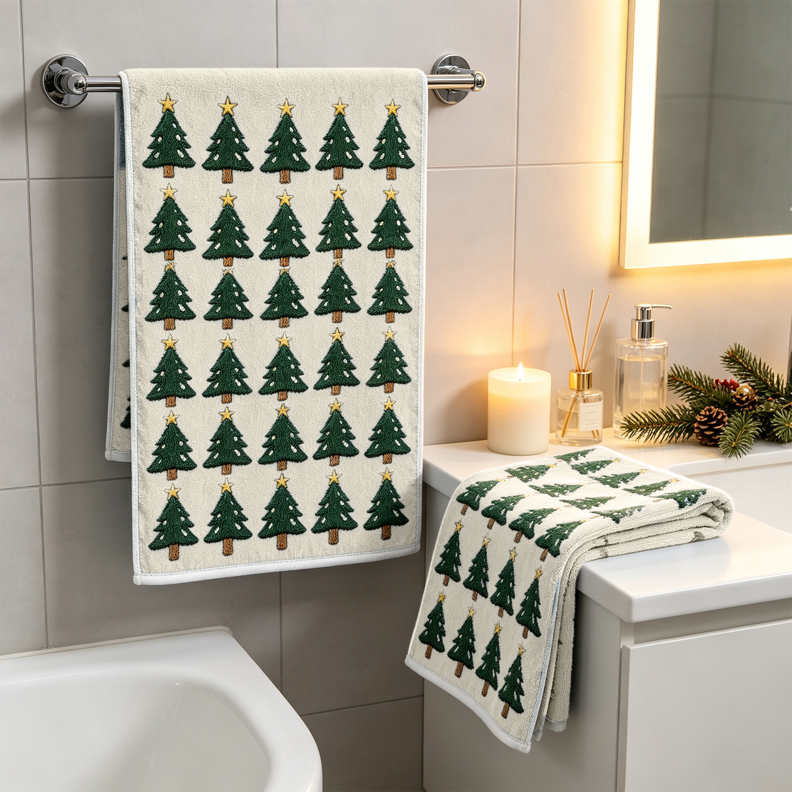 2 Pack Christmas Tree Hand Towels, 15.7x23.6 inch Set of 2 Christmas Tree Pattern Rustic Reversible Soft Absorbent Decorative Towels, for Bathroom, Kitchen, Oven Handle Decor (White)