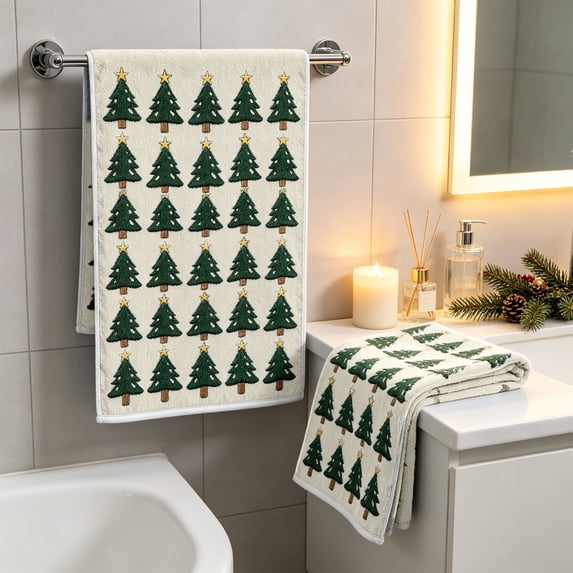 2 Pack Christmas Tree Hand Towels, 15.7x23.6 inch Set of 2 Christmas Tree Pattern Rustic Reversible Soft Absorbent Decorative Towels, for Bathroom, Kitchen, Oven Handle Decor (White)