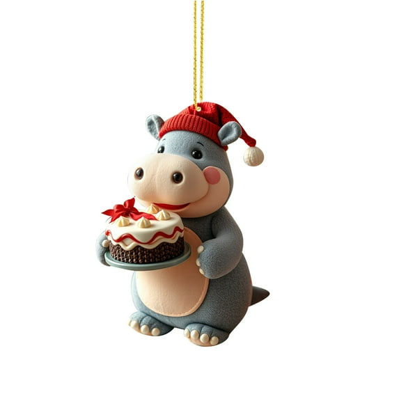 (2 Pack) Christmas Tree Ornaments 2D Acrylic Book Hippo Holding Cake Double Printed White Elephant Decorations for Holidays