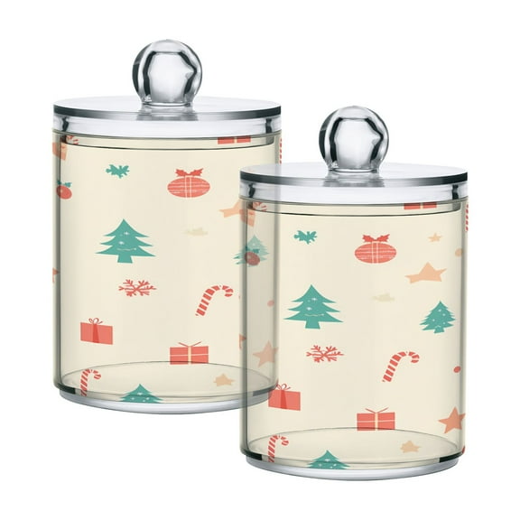 2 Pack Christmas Tree Presents Candy Cane Qtip Holder Dispenser Clear Plastic Storage Apothecary Jars for Cotton Swabs Balls Pads Floss