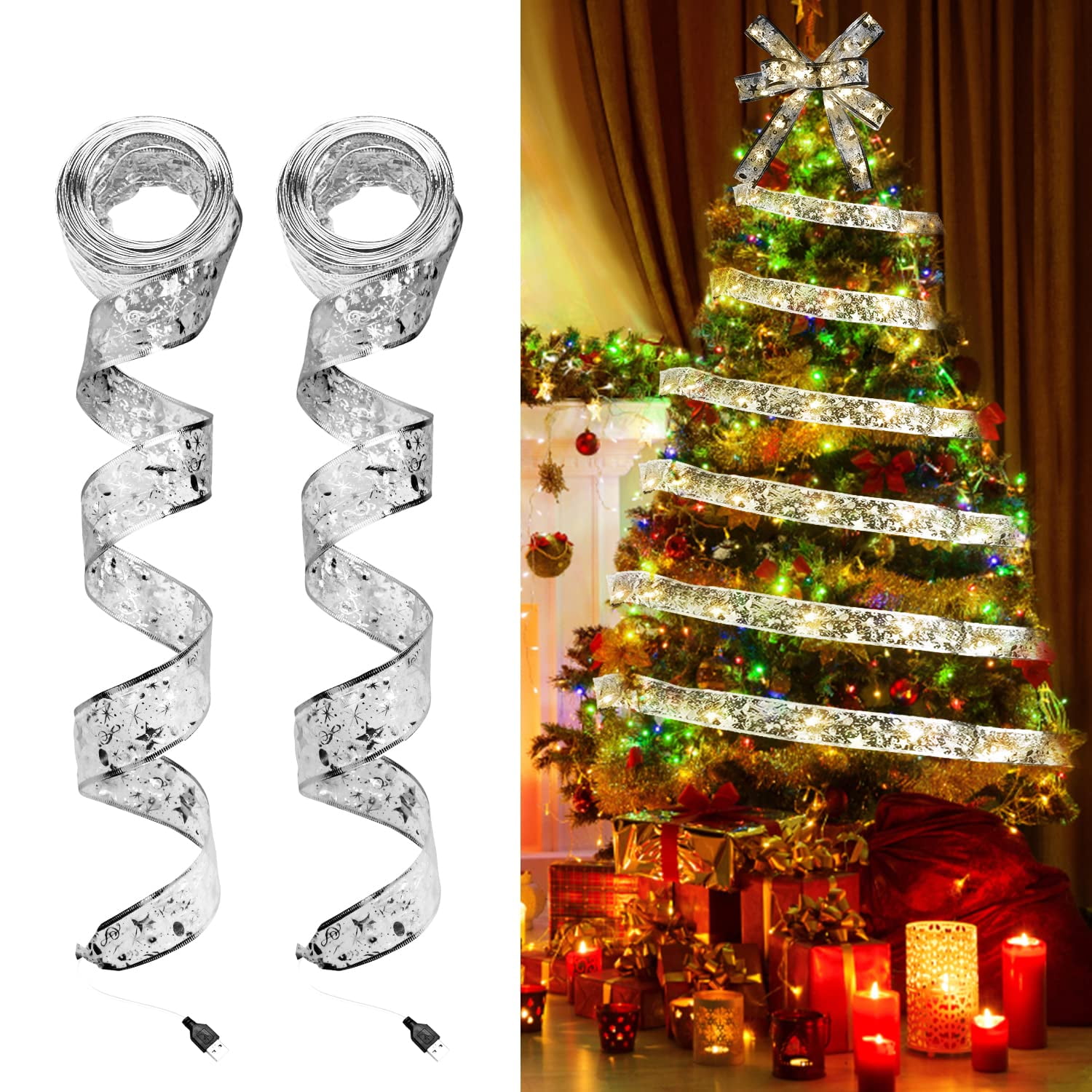 2 Pack Christmas Tree Ribbon Lights, 32ft 100 LED Christmas Fairy ...