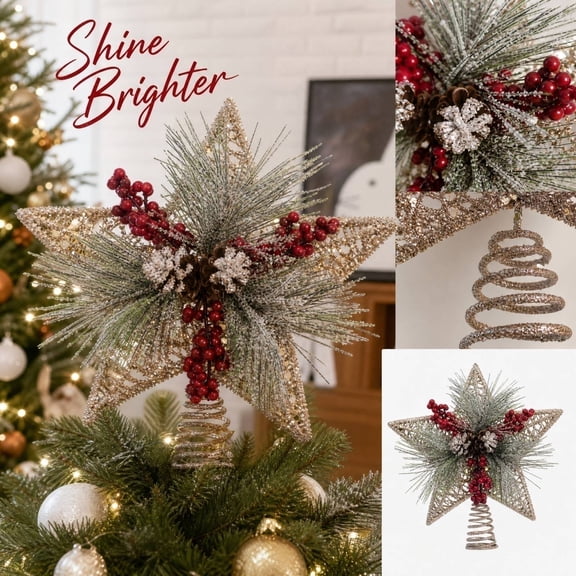 2 Pack, Christmas Tree Topper 12 Inch Christmas Tree Star with Pine Needles Red Berries Frosted Pine Cones Golden Accent for Holiday Season Home Party Christmas Tree Decor,