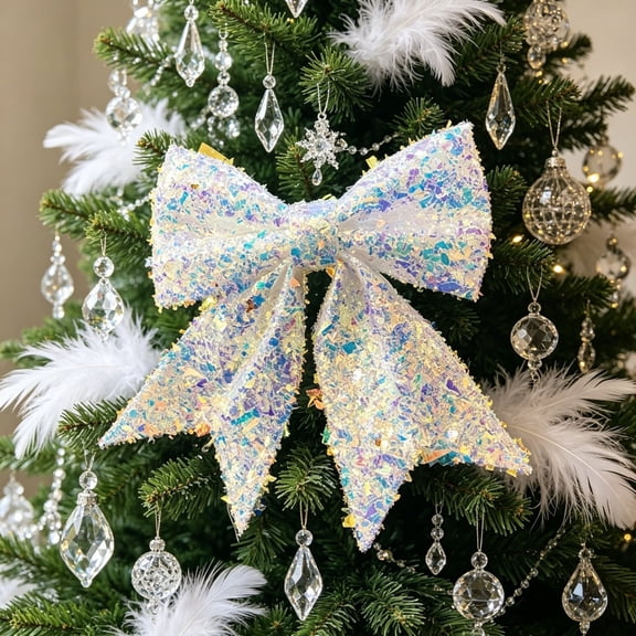 2 Pack Christmas Tree Topper, Ribbon Knot Christmas Tree Decorations, Pearly Fabric Holiday Decor, Indoor Outdoor Home Party
