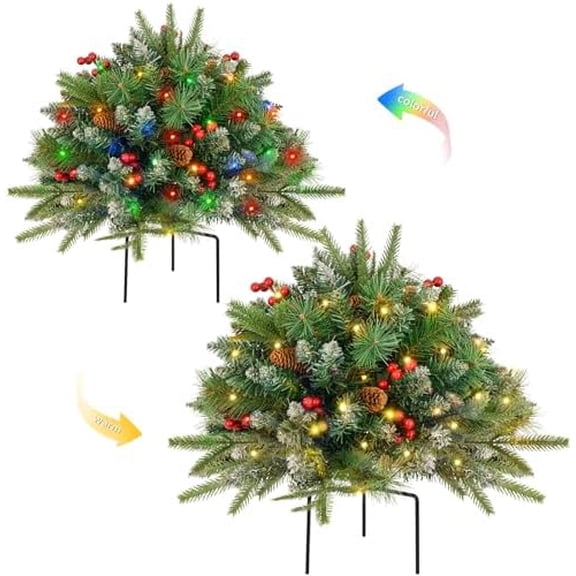 2 Pack Christmas Tree Urn Filler, Battery Operated with Timer, Pre-lit Warm White & Multi-Color Changing LED Lights, 21in Artificial Xmas Tree for Porch, Pathway, Yard, Outdoor Holiday Decoration