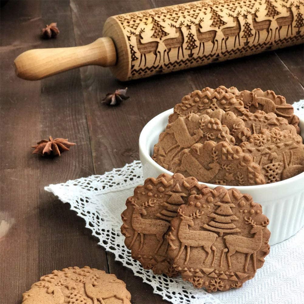 Wooden Rolling Pin Embossing Baking Cookie Noodle Biscuit Waffle