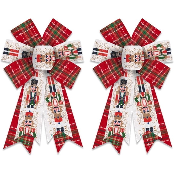 2 Pack Christmas Wreath Bows, Christmas Nutcracker Plaids Burlap Linen Bows for Wreath, Medium Tree Topper Ribbon Bow for New Year Home Indoor Outdoor Xmas Party Decoration Wreath Ornament Supplies