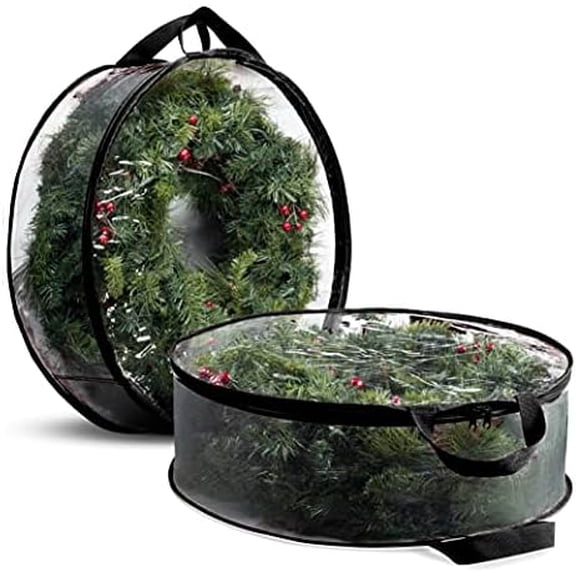2 Pack Christmas Wreath Storage Container 24 Inch - Wreath Bag for Artificial Wreaths Box - Dual Zippered Wreaths Storage Bag with Durable Stitch Reinforced Handles - Black