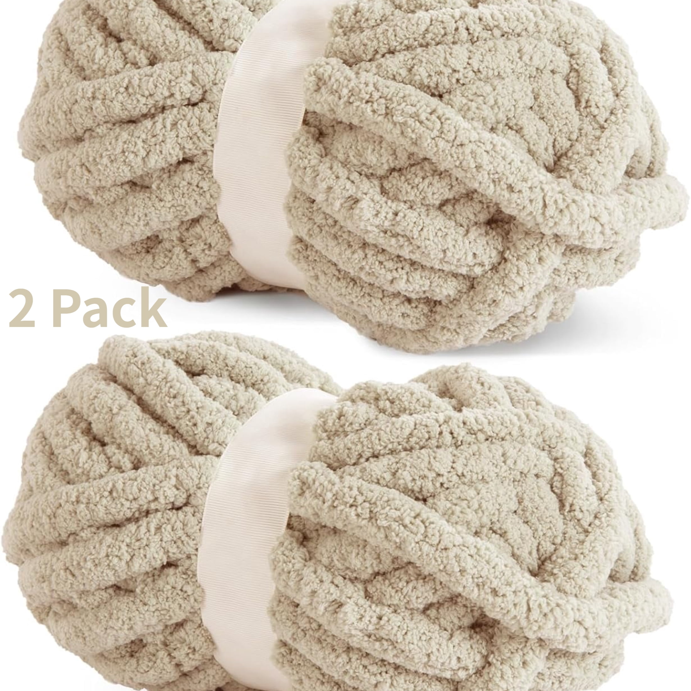 2 Pack Chunky Chenille Yarn for Crocheting, Bulky Thick Fluffy Yarn for Knitting, Bulky Chunky Yarn for Hand Knitting Blanket, Super Soft Plush Yarn (27yds Each Skein)-Khaki