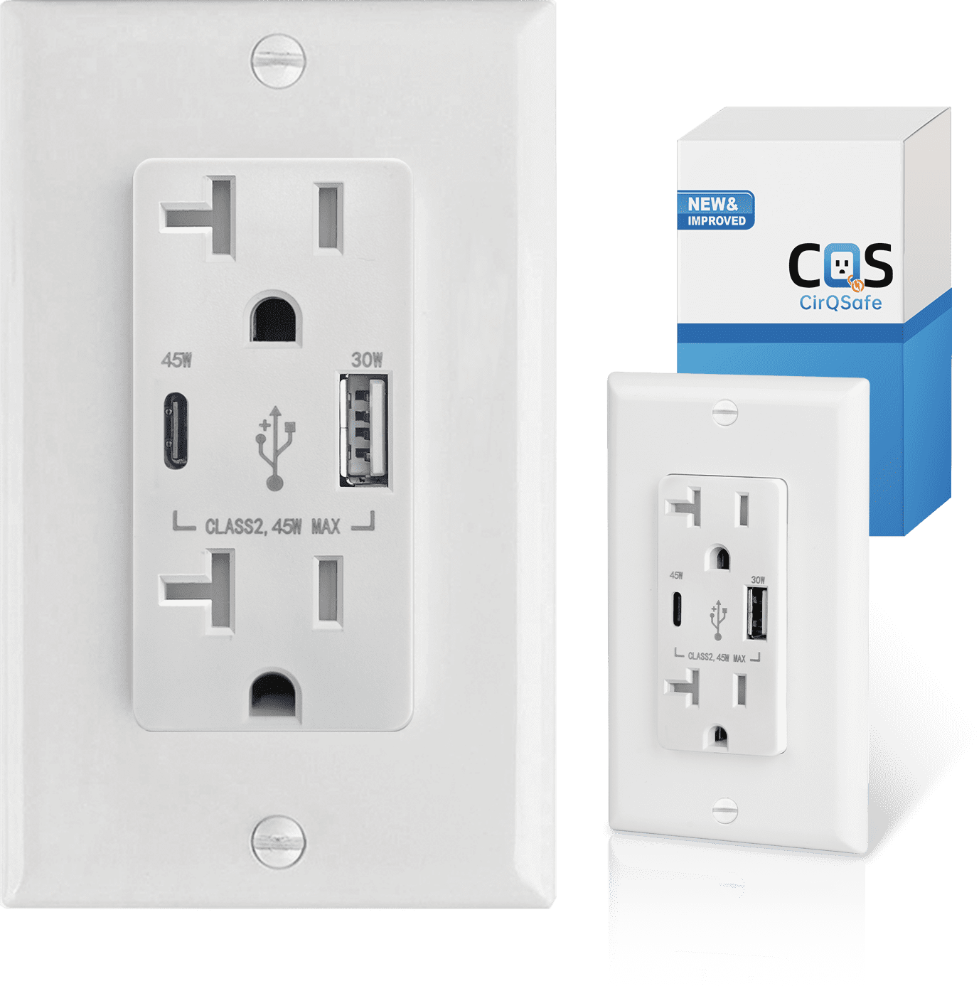 (2-Pack) CirQSafe 20A 125V TR Duplex Wall Outlet with USB-C 45W & USB-A 30W, Smart Chip,  White