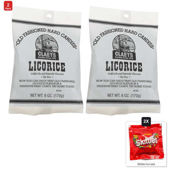 2 Pack | Claeys, Hard Candy Licorice, 6 oz, with 2 Skittles Fun Size