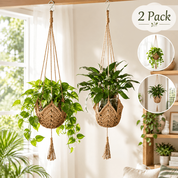 2 Pack Boho Plant Hanger, Macrame Plant Hangers with S Hooks, Indoor Hanging Planters and Wall Planters for Indoor Plants, Small Hanging Basket Holders