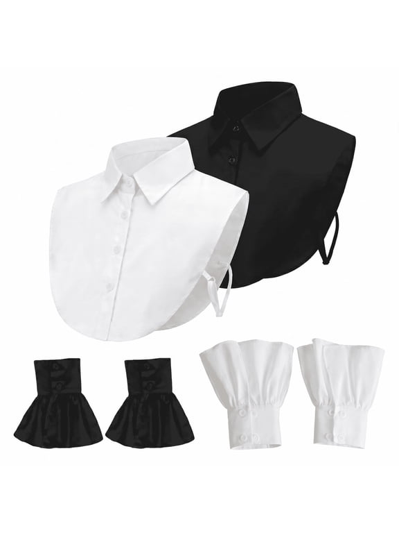 2 Pack Classic Detachable Shirt Collars With 2 Sets Sleeves, White Black Faux Dickey Collar Half Blouse Accessories For Daily Outfits