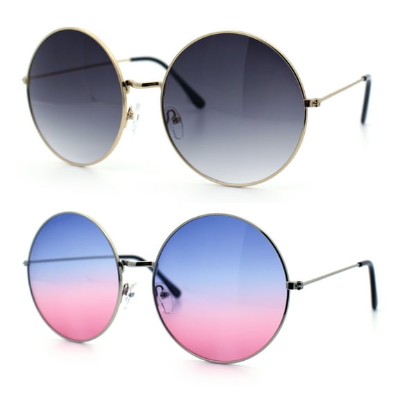 (2-Pack) Classic Oversize Joplin Style Hippie Round Circle Lens Sunglasses 1 Gold Smoke 1 Silver Blue Purple