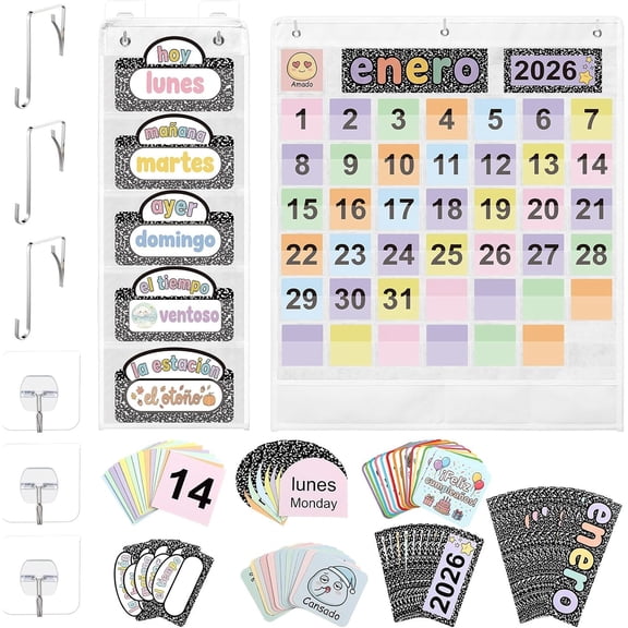 2 Pack Classroom Calendar Pocket Chart with 130 Cards Composition Book Pastel Spanish Themed Circle Time Calendar Monthly Weather Seasons Feelings Chart for Homeschool