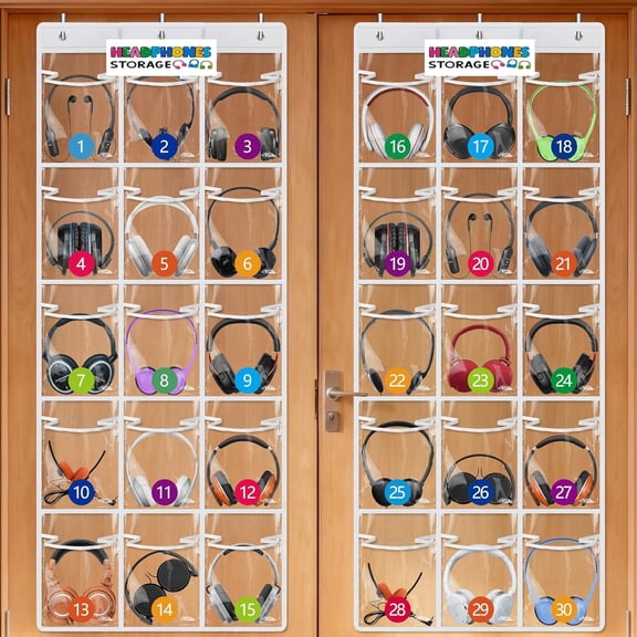 2 Pack Classroom Headphone Storage Organizer with 30 Pockets, PVC Clear Classroom Pocket Chart for Headphone
