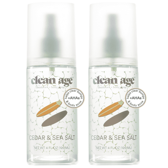 2-Pack Clean Age Aluminum-Free Deodorant & Body Spray for Whole Body (4 oz) Cedar & Sea Salt Scent, Body Acne Spray