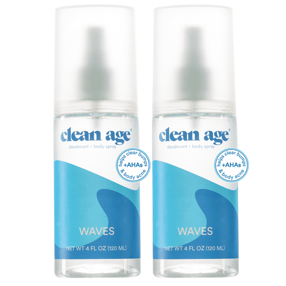 2-Pack Clean Age Aluminum-Free Deodorant & Body Spray for Whole Body (4 oz) Waves Scent, Body Acne Spray