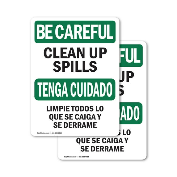 (2 Pack) Clean Up Spills Bilingual OSHA Be Careful Sign 5 Inch X 7 Inch Vinyl Label Decal Sticker Weather Resistant, UV Protected for Workplace, Business, and Construction Site, Made in
