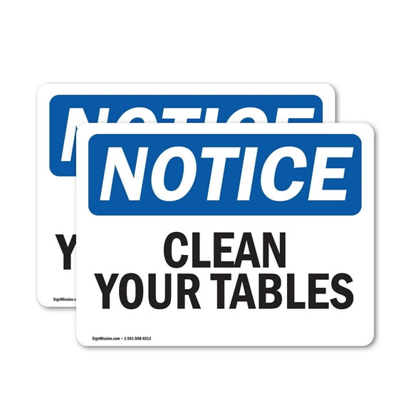 (2 Pack) Clean Your Tables OSHA Notice Sign 7 Inch X 5 Inch Vinyl Label Decal Sticker Weather Resistant, UV Protected for Workplace, Business, and Construction Site, Made in the USA