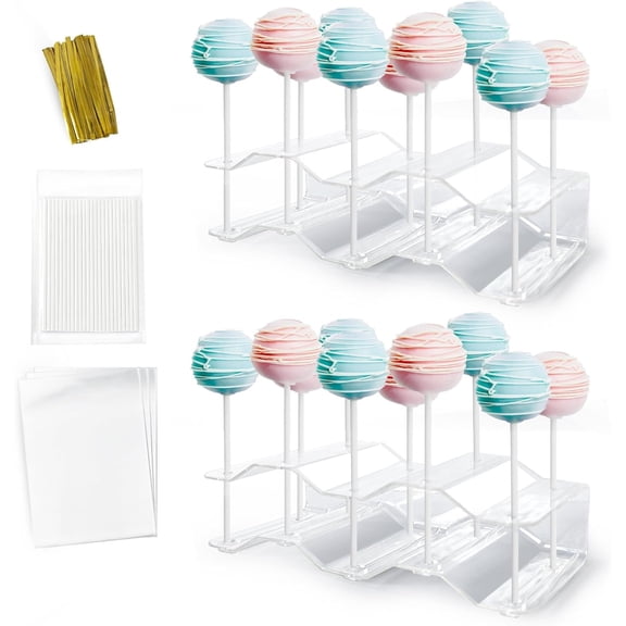 2 Pack Clear 10-Hole Cake Pop Display Stands with Complete Kit, Includes 50 Lollipop Sticks, 50 Clear Wrappers & 50 Gold Twist Ties for Candy, Cake Pop Making & Party Display