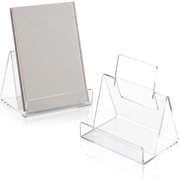 2 Pack Clear Acrylic Display Book Stand, Acrylic Brochure Holder for Artworks Display Easel for Comics Photos Easel Holder, Flyers, Pamphlets, Booklets, Menu, Leaflets & CDs