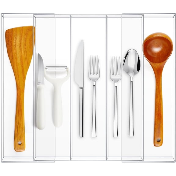 2-Pack Clear Acrylic Expandable Kitchen Drawer Organizer, Adjustable Compartments for Utensils, 12" x 16"