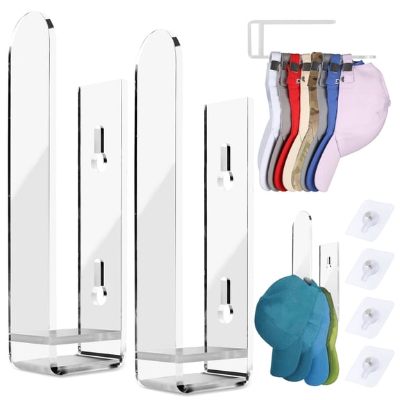 TRINKA 2-Pack Acrylic Hat Rack for Baseball Caps, Screw Mount Wall Organizer for Door Bedroom Closet, Clear