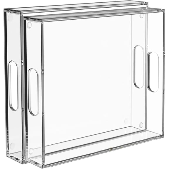 2 Pack Clear Acrylic Serving Tray with Handles, 16" x 12" Rectangular Food and Drink Tray, Unbreakable Modern Tray Set