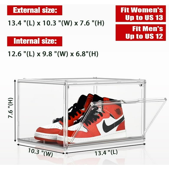 2 Pack Clear Acrylic Shoe Storage Boxes with Magnetic Door, Stackable Large Plastic Shoe Organizer for Men/Women Size 12/13