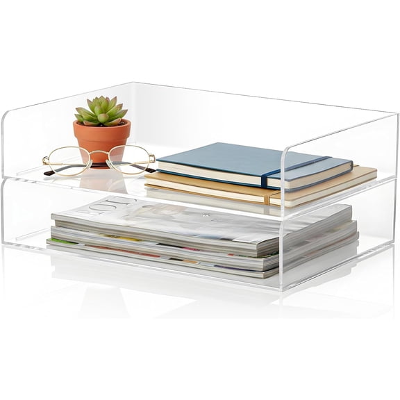 2 Pack Clear Acrylic Stackable Paper Letter Tray Organizer Desktop File Organizer for Office Workspace Document Storage, 12.4x8.7x2.75 Inch