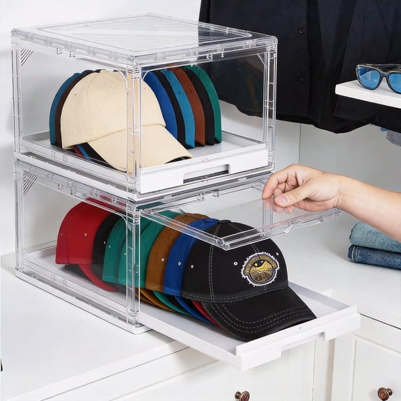 2-Pack Clear Baseball Cap Organizer Boxes with Sliding Drawer, Stackable Hat Storage Bins for Closet, Large Display Case with Front Door Holds Up to 24 Hats, Clear
