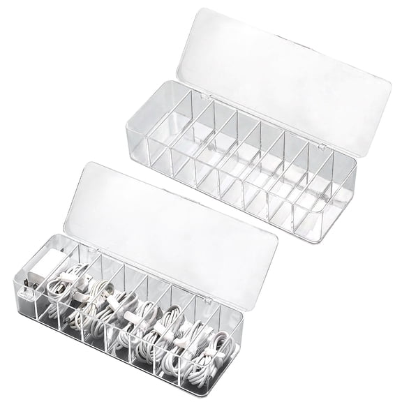 Cable Storage Organizer Box 2 Pack 8 Compartment Clear Dustproof Lid for Chargers USB Cords Jewelry