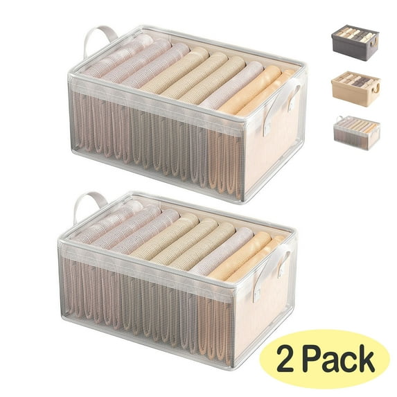 2 Pack Clear Clothing Storage Boxes, 26L Large Capacity Foldable, With Steel Frame Reinforced Hardboard Base, Ideal For Wardrobe, Dormitory Clothing And Toy Organization