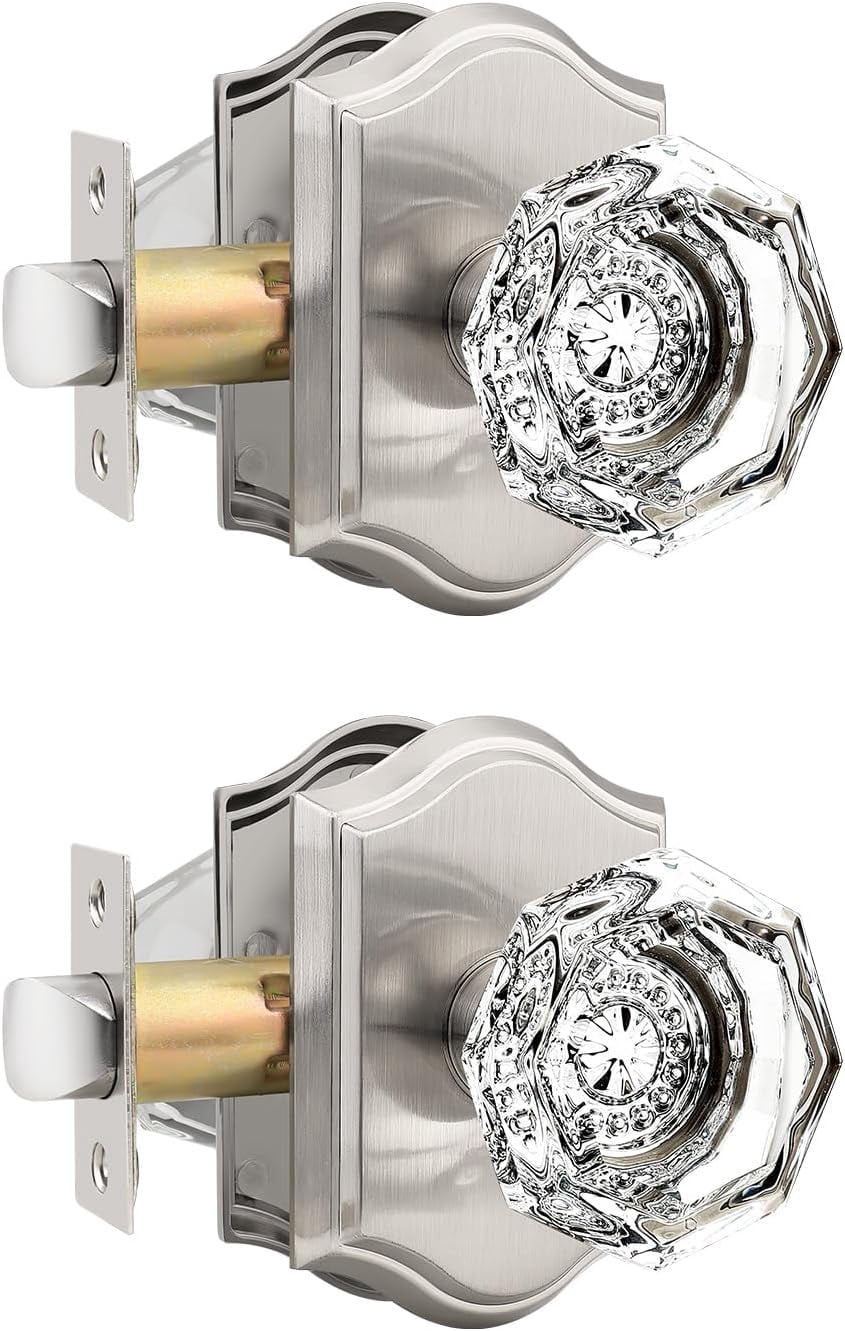 --2 Pack Clear Crystal Door Knobs,Diamond Glass Passage Door Handle Knob for Closet Hallway,Antique Keyless Interior Door Locks with Satin Nickel Rosette
