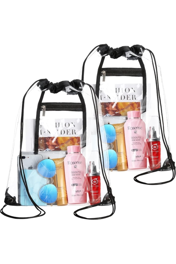 2 Pack Clear Drawstring Backpack, Stadium Approved Transparent PVC Bag with Zipper Pocket, See Through Gym Sack for Concerts, Sports, Travel, School and Work