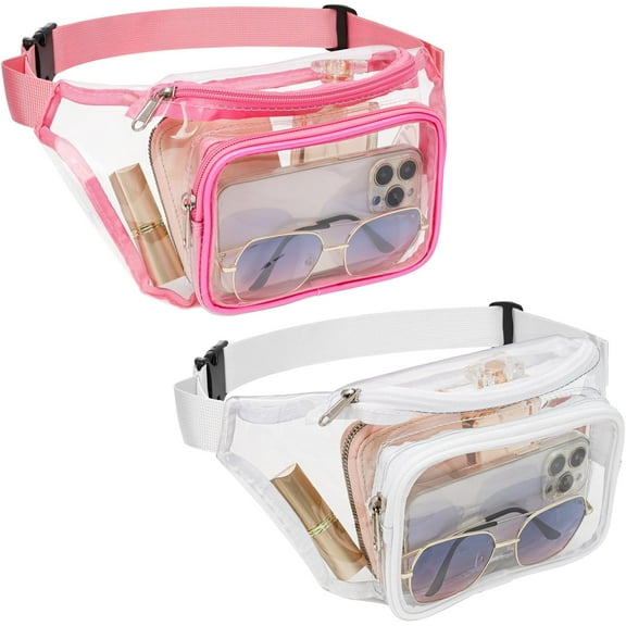 2 Pack Clear Fanny Pack Stadium Approved - Adjustable Belt Bag for Women Men Fits Sport Events, Travel, Beach, Concerts, Stadium Waist Bag, White + Pink